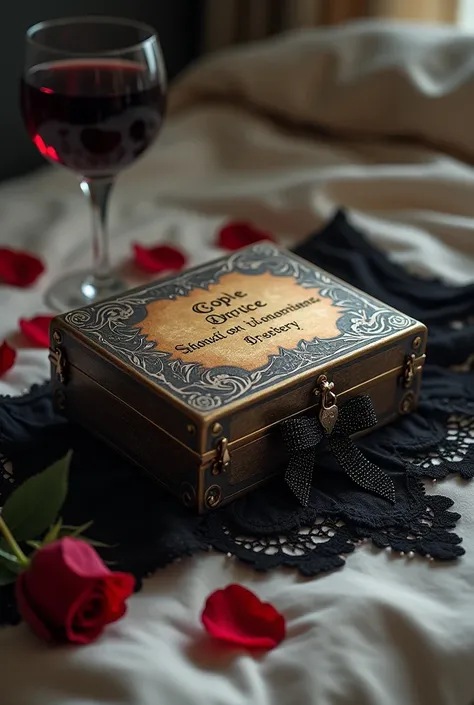 A mysterious metal box with carvings on the outside. An inscription in a strange language on the forehead.  The old hand-sized box is on top of a black lace thong on the bed.. The panties have a sparkling black bow in the sample. Behind the box, a glass of...