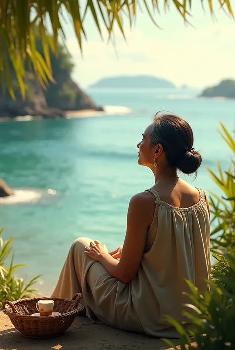 A retired Filipina woman in her 50s  whos taking a rest near the sea and admiring the view 