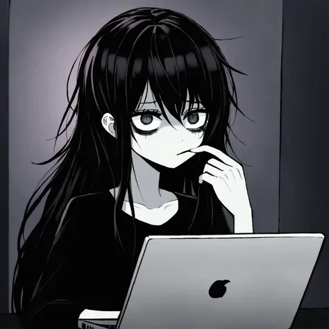 2 young girl, slightly messy long hair, looks sick, has pale skin and dark circles under her eyes, thin and , wears black clothes, is Korean, has big, black, deep eyes, is inspired by the character L from Death note.She is in a dimly lit office while fiddl...