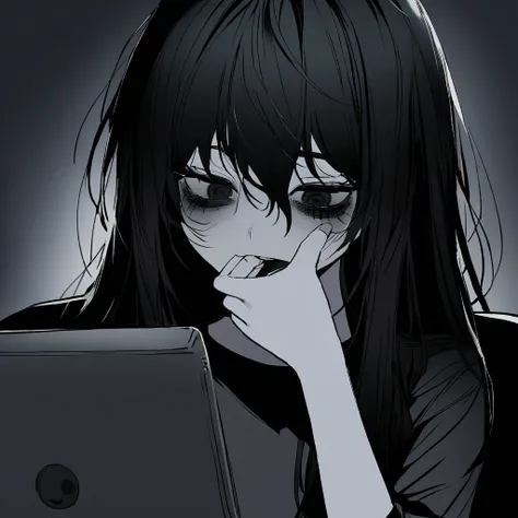 2 young girl, slightly messy long hair, looks sick, has pale skin and dark circles under her eyes, thin and , wears black clothes, is Korean, has big, black, deep eyes, is inspired by the character L from Death note.She is in a dimly lit office while fiddl...