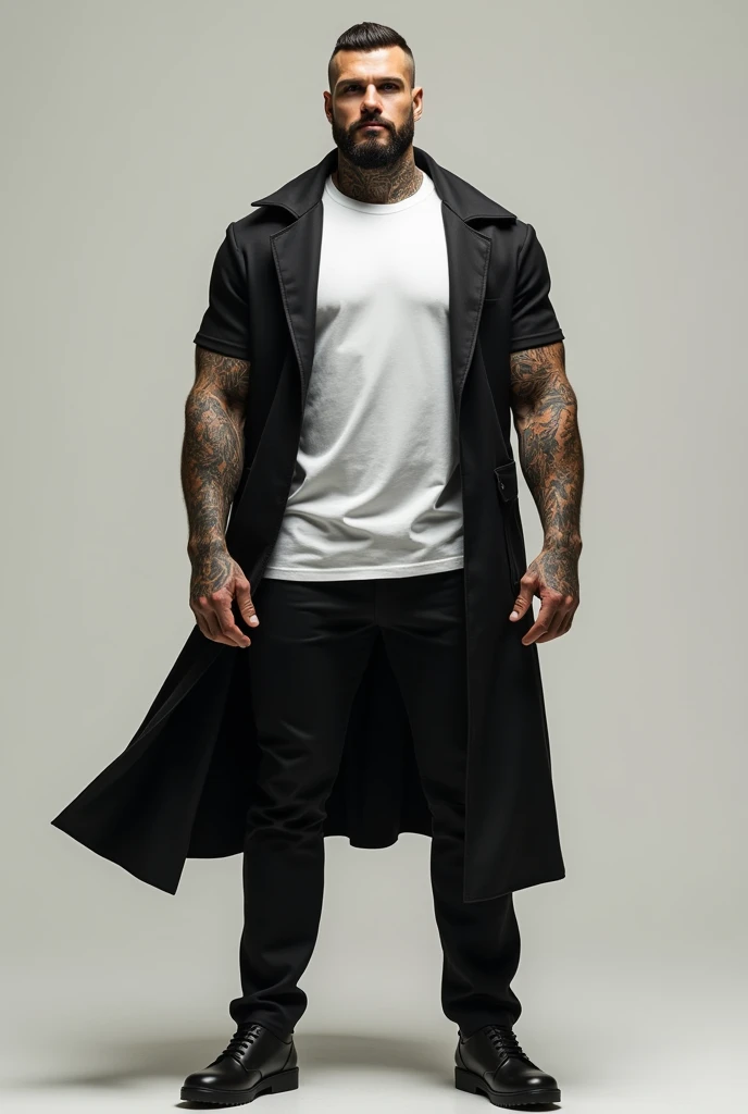 Create an image of a tall strong tattooed man standing in a white t-shirt and black jacket 