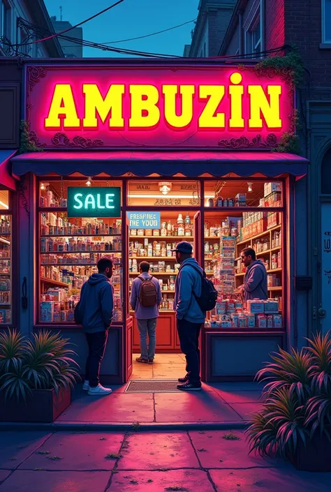 I want an album cover A trap/rap music cover that shows a colorful store with items from the trap/rap world, Lean cup, gold chains, weapons, drugs the name of the store is: ambuzin sale