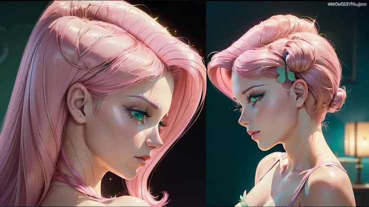 (((beautiful female body))),(((fluttershy as a sweet charming hot seductive horny model))), (((no hair))) ,(((look atthe viewer))),(((((face closeup front view))))),(((green eyes))),(((head closeup))),(((profile image))),(((from 3 sides))),(((smooth ligths...