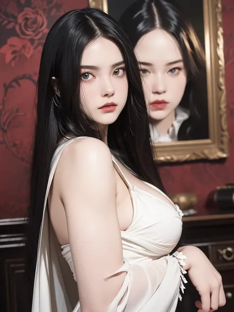 full body masterpiece, ultra realistic, 16k, high quality, incredibly detailed, dream aesthetic, dream atmosphere, cinematic, (sharp focus : 1.5), (photorealistic : 1.3), gothic (Gorgeous gothic girl), female beauty, defined jaw, square face, wonderful got...