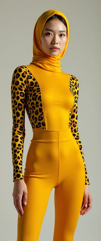  
The most beautiful,most slender thin and most clever asian muslimah adult feamle person with beautiful cheeks wears marigold yellow jaguar print lycra turtleneck unitard catsuit covered with spots and always wearing marigold yellow jaguar print lycra ela...