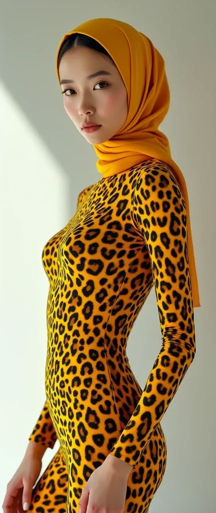  
The most beautiful,most slender thin and most clever asian muslimah adult feamle person with beautiful cheeks wears marigold yellow jaguar print lycra turtleneck unitard catsuit covered with spots and always wearing marigold yellow jaguar print lycra ela...