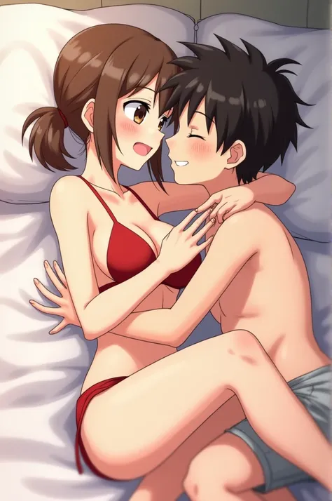 Fraction_9, Fraction_8_Direction_7_up, src_Japanese cartoons, on the bed，lie，blush，1.Become a（Bikini Thong，，Holding the boy&#39;s penis）, Brown hair, Brown eyes, Low Ponytail, Large Breasts, Smile, 1 boy（）, Shota, Hug from behind（Touching girl&#39;s pussy）...