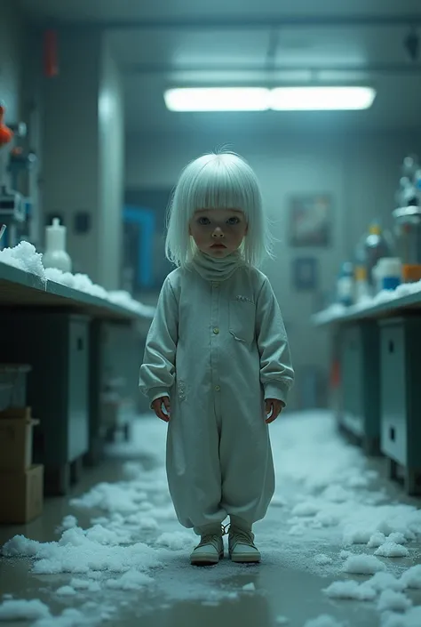 a child whose body is almost frozen, her white hair, He is sad and is in a malevolent scientific laboratory.  

