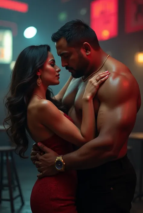 Sexy, stunning, Indian girl lifting a man cradled in her strong arms. She is standing confidently in a night club wearing an elegant dress. The man is large and overweight. She is extremely strong.