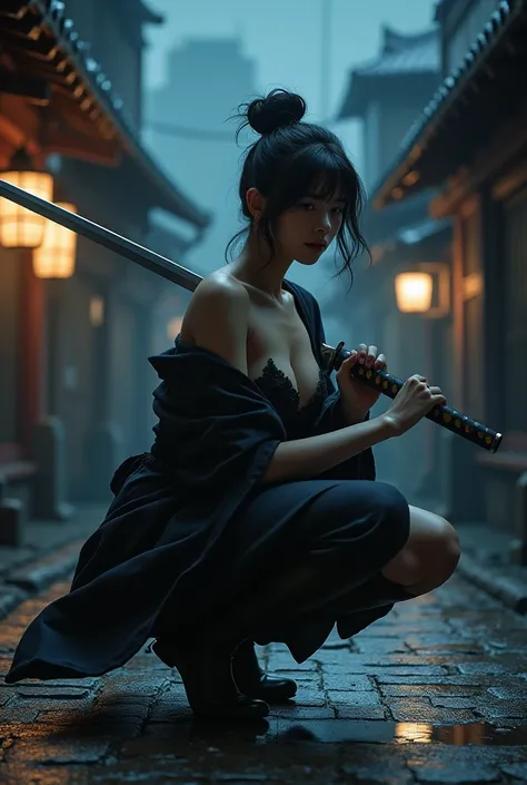 masterpiece, Highest quality,
one japanese girl, young, busty, cleavage, wearing ninja clothes, bare legs, bare arms, side boob, midnight, at edo town, japan, squatting, spread legs, side face, prepare a KATANA, hide a corner