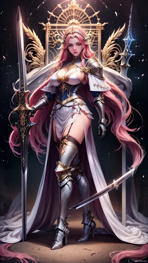 Congregation,Joan of Arc,Long flowing pink hair,head ornaments,Big breasts,Neck gemstone jewelry,Breast Binding,mini lace skirt,Steel armor gloves,Steel armor long high heels,.best quality,masterpiece,Ultra-high resolution（2：0）,special magic sword,The swor...