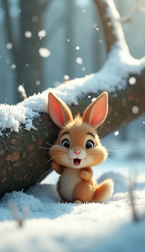 Cartoon anime 3D characters of A small, cute brown rabbit is trapped under a fallen tree branch in the snowy forest. The cute brown rabbits eyes are wide with fear as it struggles to free itself, with snowflakes gently falling around it.