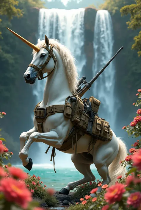 Unicorn with vest, with weapons of war placed in his vest, with a waterfall and flowers in the background, and that he is posing on his side