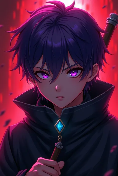 a young anime boy with purple headband, deadly aura, hyperrealistic, detailed face, beautiful eyes, striking expression, dark clothing, mysterious background, cinematic lighting, dramatic shadows, digital painting, concept art style, vibrant colors, moody ...