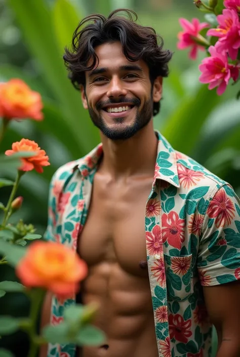 A Brazilian man in a lush tropical garden, wearing an open shirt with a floral print, with a close-up capturing the harmonious beauty between her breasts and the natural flowers, showing off your natural charm and outgoing personality.