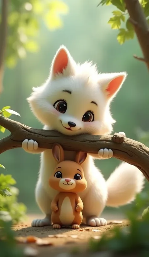 Cartoon anime 3D characters of The cute young white wolf, using his strength, carefully lifts the heavy branch off the cute brown rabbit. The scene captures the moment of rescue, with the cute brown rabbit looking up in relief and gratitude.