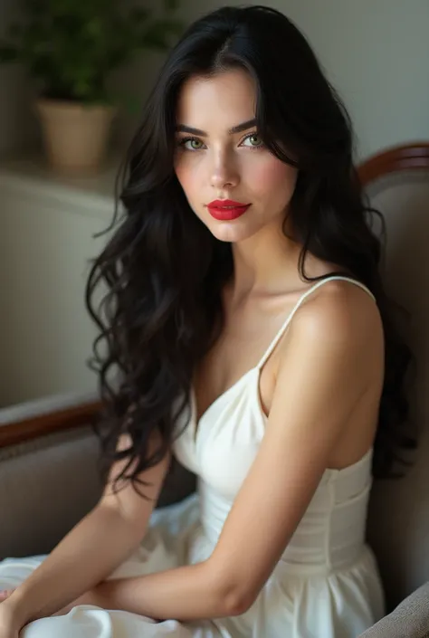 Feminine and elegant Russian model. Black hair. Age 20 years. Light green eyes. Perverted eyes looking at the camera. Beautiful, healthy and nourished hair. Long and wavy hair. Very pale (white) skin. Brown eyebrows. Slim and small model body. Feminine and...