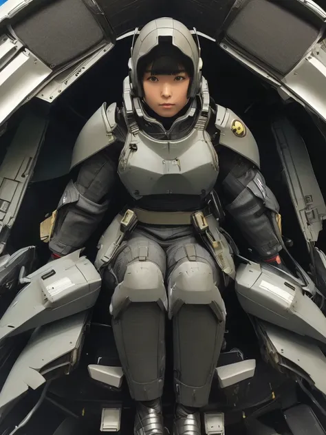 masterpiece, Highest quality, Very detailed, Japanese Android girl,Plump,Slightly thicker,Control panel,Android,cyborg,Blunt bangs,sitting in the cockpit of a fighter jet,Black combat uniform,Harness Belt,Helmet