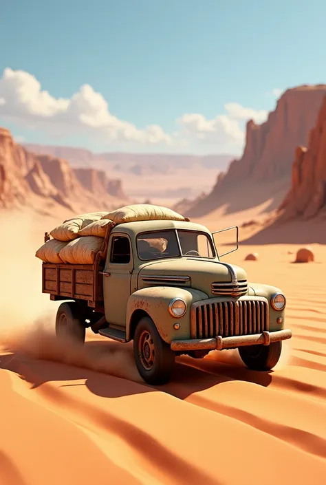 An old truck driving in the desert carrying sacks of rice, 3D animation, Disney pixer 