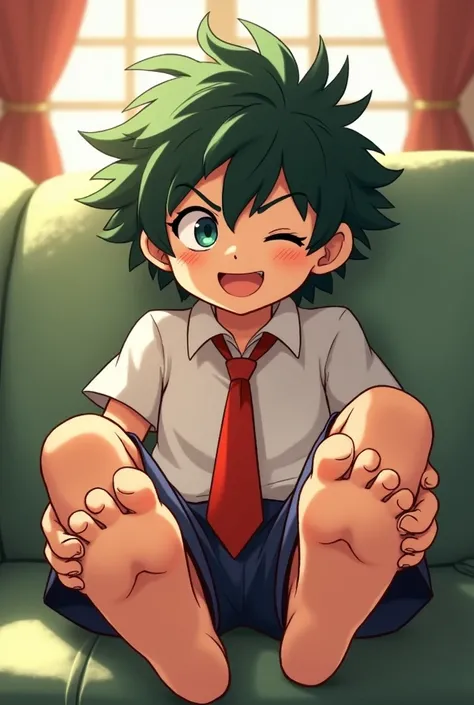 Generates Deku&#39;s image, A  boy with a playful personality, sitting with legs stretched out forward. His messy hairstyle and mischievous smile reflect his relaxed and fun attitude.. Her bare, well-defined feet, with 5 toes on each foot, They seem to be ...