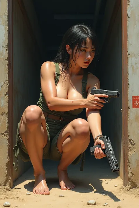 masterpiece, Highest quality, bio, gun battle, 
one japanese girl, young, busty, cleavage, wearing torn army clothes, bare legs, bare arms, cleavage, sand stain skin, bruises, sun light, at bio town, japan, squatting, spread legs, side face, prepare a hand...