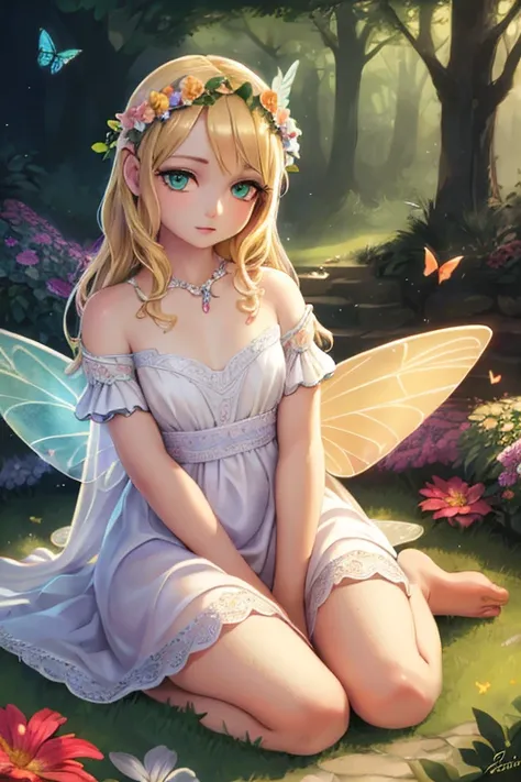 1 fairy girl, portrait, garden, flowers, butterflies, hummingbirds, bees, sitting on grass, flower crown, blonde hair, green eye...