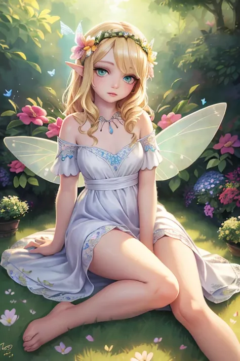 1 fairy girl, portrait, garden, flowers, butterflies, hummingbirds, bees, sitting on grass, flower crown, blonde hair, green eye...