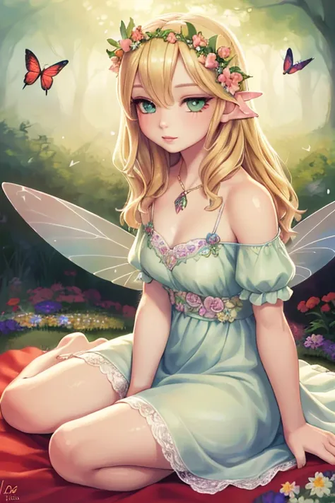 1girl, portrait, garden, flowers, butterflies, hummingbirds, bees, sitting on grass, flower crown, blonde hair, green eyes, fair...