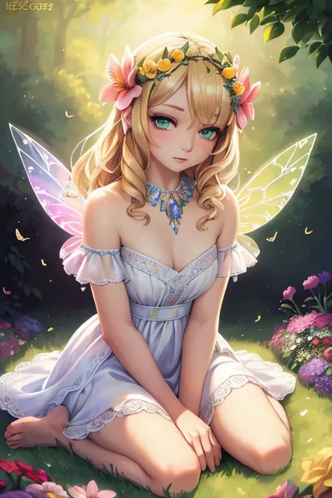 1girl, portrait, garden, flowers, butterflies, hummingbirds, bees, sitting on grass, flower crown, blonde hair, green eyes, fair...