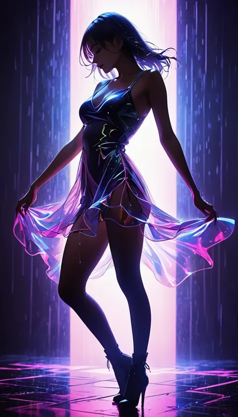 a stunning futuristic portrait of a 1 sissygirl dressed in a captivating nano-dress that reveals her figure. the sheer, iridesce...