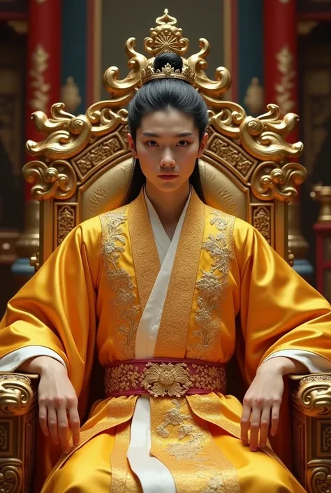 (Perfect details: 1.5, 8K wallpaper, masterpiece, best quality, ultra-detailed) A man, emperor, delicate facial features, Asian face, short black hair, fine hair, tied hair, golden silk embroidered dragon robe, Hanfu, sitting on a dragon chair, hands on th...