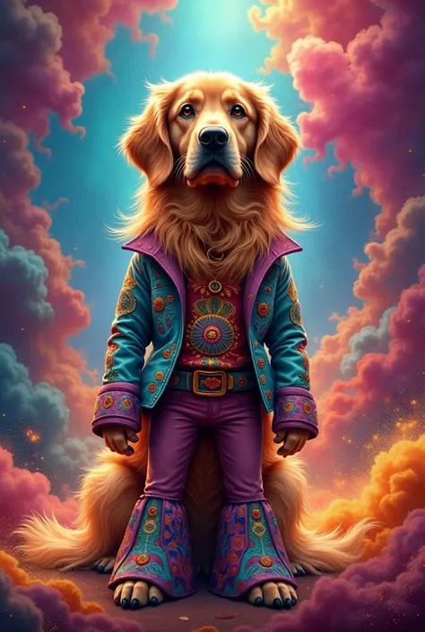 Golden Retriever with long colored hair and colorful 70s rock style outfit with color explosion effect in the background 
