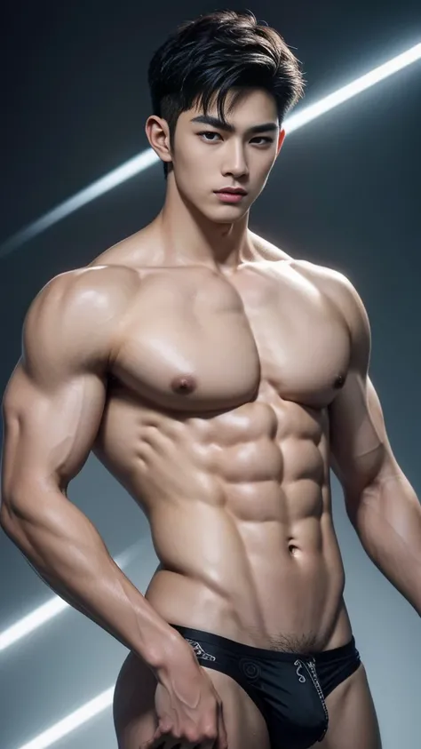 Mind control, hypnotic spiral, (masterpiece, ultra quality, high resolution, 8k, intricate: 1.2), (detailed face:1.2), handsome, Young Korean man, white skin, double eyelids, detailed skin, 1boy, ((realistic)), abs, good lighting quality, muscle veins, ((p...