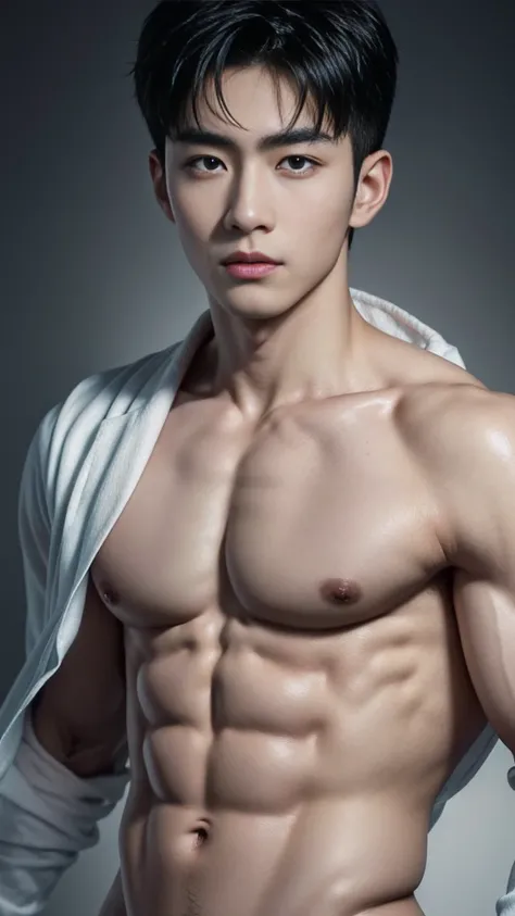 Mind control, hypnotic spiral, (masterpiece, ultra quality, high resolution, 8k, intricate: 1.2), (detailed face:1.2), handsome, Young Korean man, white skin, double eyelids, detailed skin, 1boy, ((realistic)), abs, good lighting quality, muscle veins, ((p...