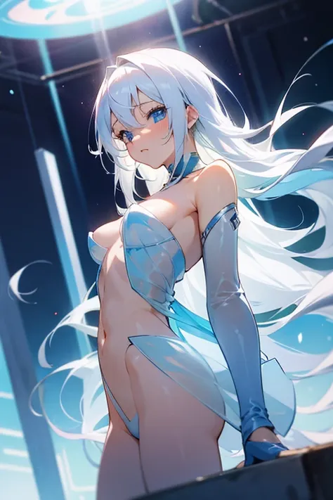 Girl anime nude or light blue transparent underwear, white hair, long hair, blue eyes, beautiful, cute and sexy