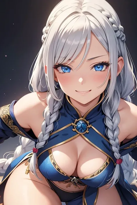 A beautiful silver hair woman with three braids and deep blue eyes, gazing condescendingly at the viewer with a cute grinning expression, extremely detailed and realistic, masterpiece quality, ultra-detailed, HDR, studio lighting, vivid colors, physically-...