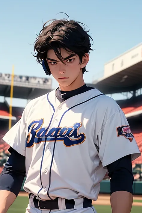 highest quality,ultra hd,manga style,a high school baseball player is standing wearing a baseball uniform, height 179cm, well-ba...