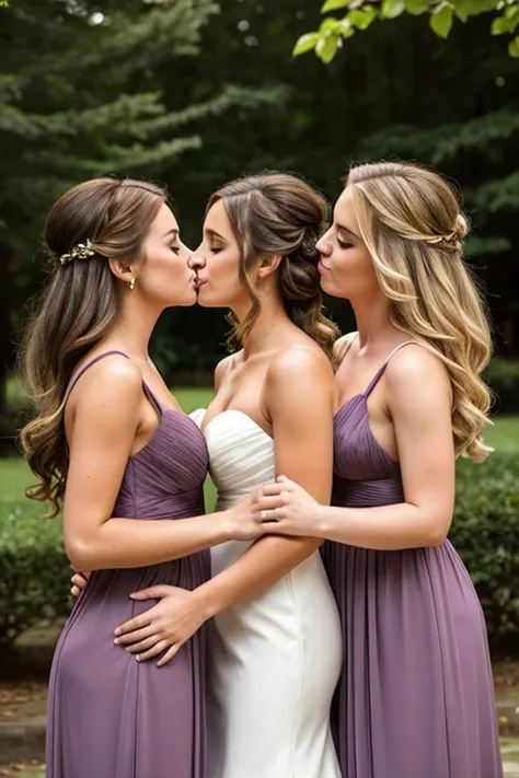 Three Hot girls, lesbians, wearing bridesmaid dresses, kissing, lesbian, kiss, cleavage, Long Hair, Blonde Hair, Brown Hair, Breasts, 