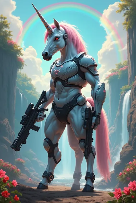 A unicorn with a helmet and vest and with modern war weapons that is on its side, stopped, posing somewhat far away, with a rainbow background with flowers and rainbows