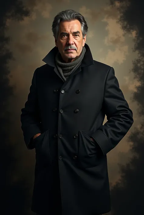 50 year old man , blackquality hair , with overcoat, camouflage gradient background, with black ash edges