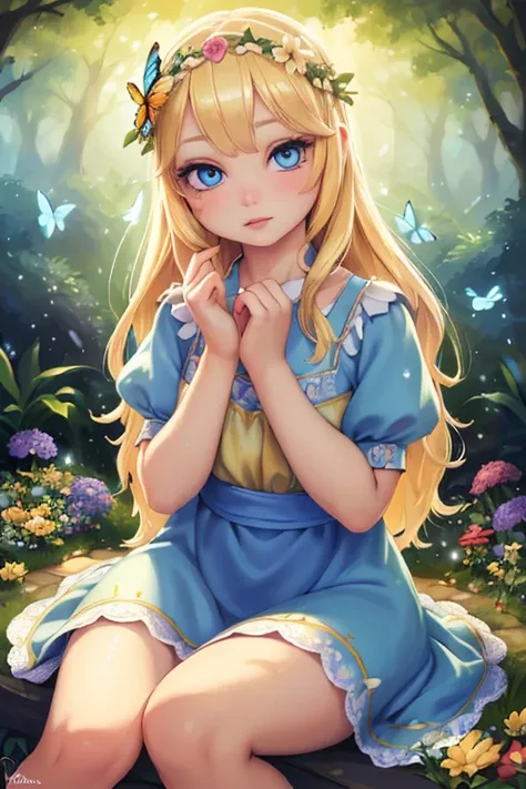 1 girl in a fairy garden, sitting on grass, blonde hair, blue eyes, fair skin, traditional disney snow white dress, flower crown...