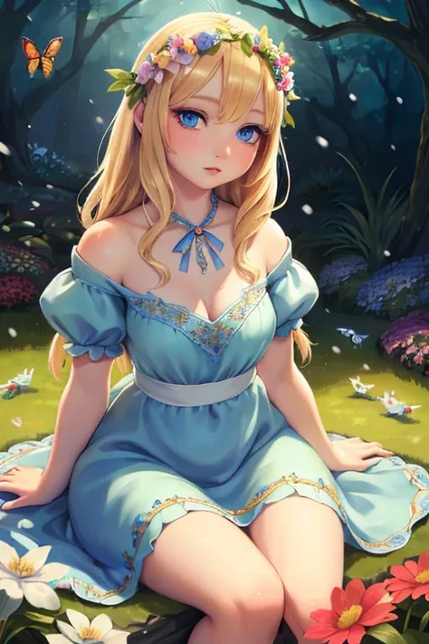 1 girl in a fairy garden, sitting on grass, blonde hair, blue eyes, fair skin, traditional disney snow white dress, flower crown...