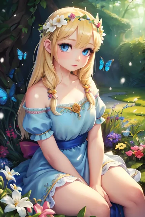 1 girl in a fairy garden, sitting on grass, blonde hair, blue eyes, fair skin, traditional disney snow white dress, flower crown...