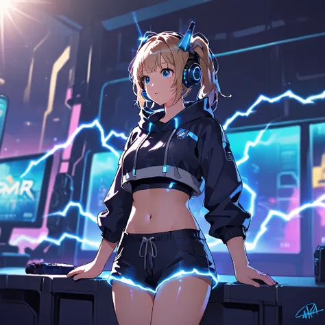 girl, pretty, crop top, short shorts, futuristic, gamer, background with rays of electricity