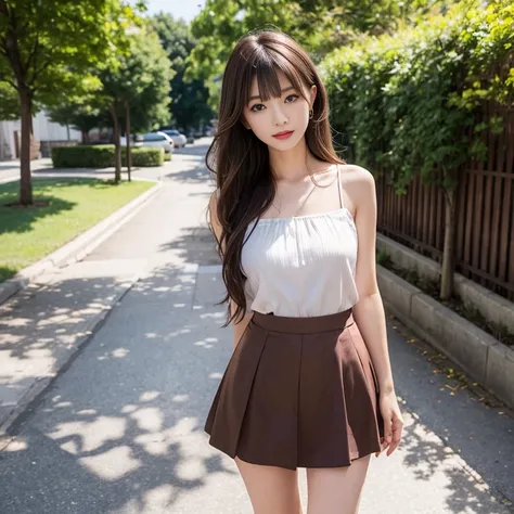 laughing out loud，(knee shot), 1 girl, On the face, light brown hair, blunt bangs, hair behind ears, Hair over the shoulders, long hair, Slender body type, Super thin face, face slimming, delicate lips, beautiful eyes, Thin blush, Eyes are light brown,Chec...