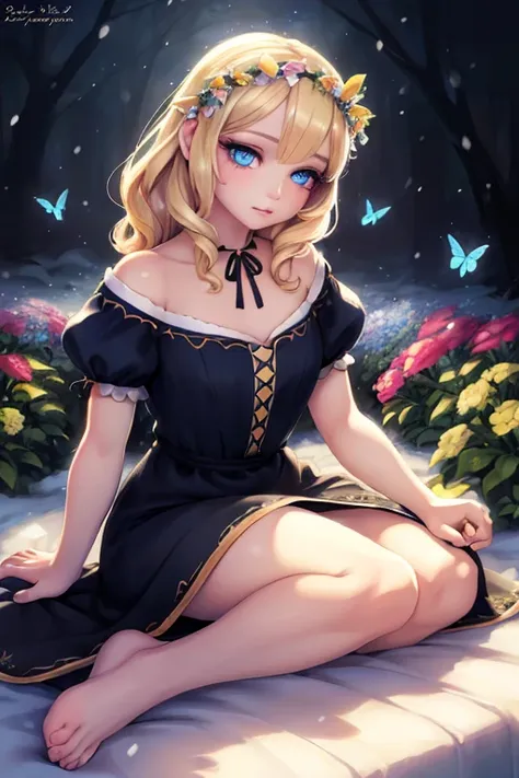 1 snow white, portrait, garden, flowers, butterflies, hummingbirds, bees, sitting on grass, flower crown, blonde hair, blue eyes...