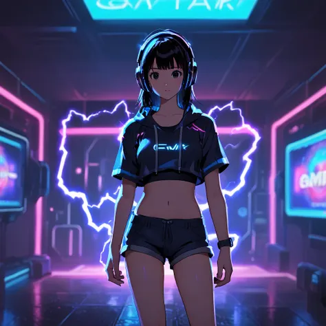 girl, pretty, crop top, short shorts, futuristic, gamer, background with rays of electricity