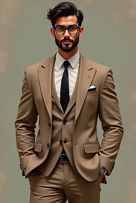 a male character, offwhite, short hair with a traditional cut, Brown suit, dark brown eyes, beard like glasses, broadshouldered, not very muscular, chic, 24 years, brazileiro 