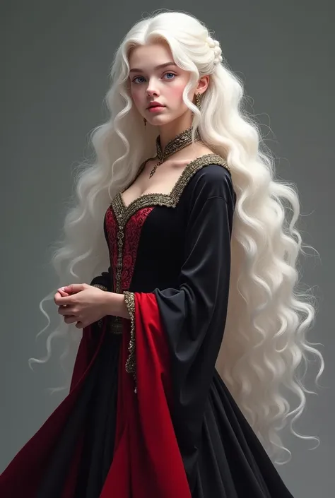 Create a girl a targaryen. She is a beautiful girl with an angelic face and long, curly, platinum-colored hair./whites and she will be wearing a black and red medieval dress 