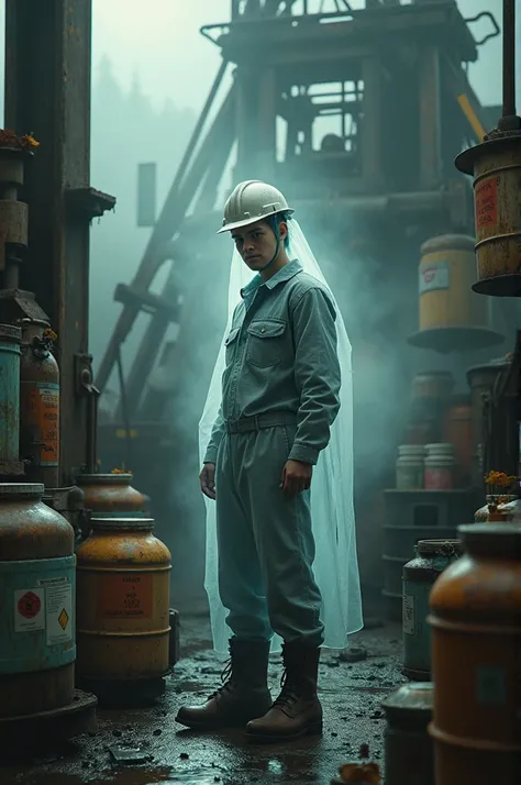 Make me a realistic photo of a ghost of a young oilman who is on the drilling rig, with his work uniform, Among some chemical products that are stored and organized